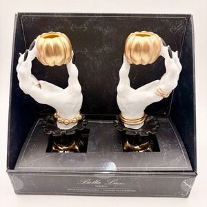 Bella Lux Halloween Skeleton Hand Gold Pumpkin Candle Holder Set of 2 White Gold